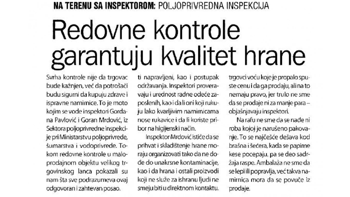 [Danas] Redovne kontrole garantuju kvalitet hrane